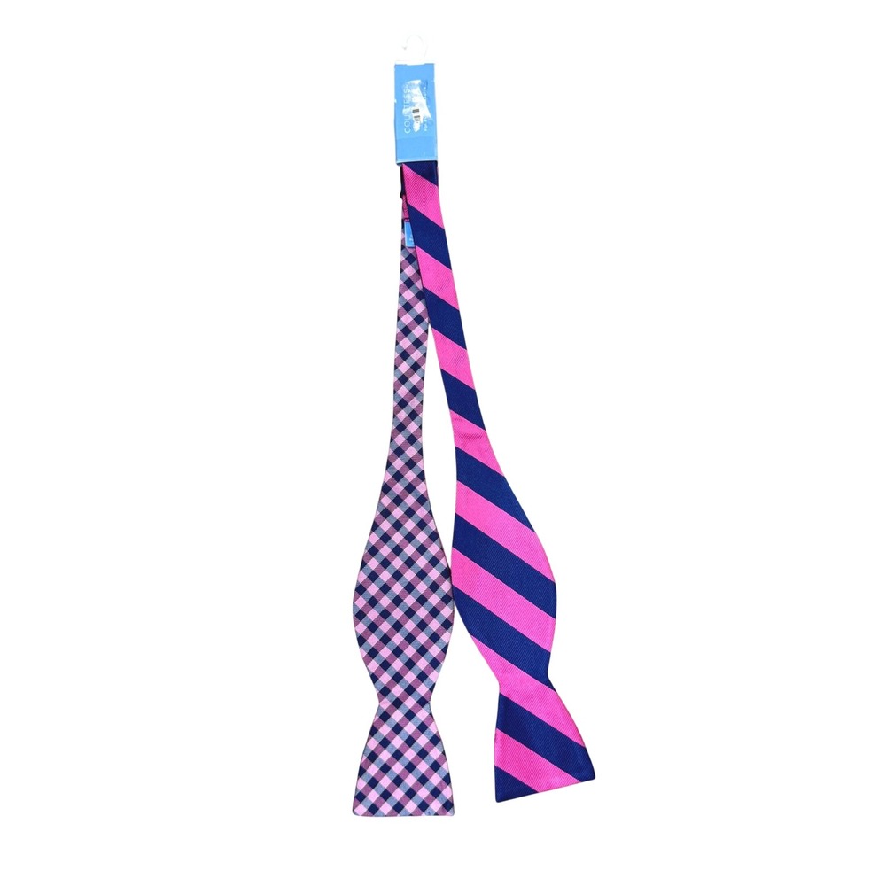 100% Silk Bow Tie Pink Navy Reversible Gingham Stripe Men Self Tie Countess Mara